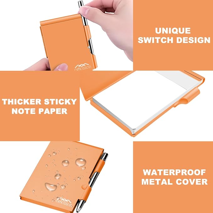 amassan Metal Small Notebook, Mini Notepad, Small Pocket Notepad Aluminum Note Case with Mini Metal Pen and 60-Page Sheets - Memo Books Note Pads(Orange)
