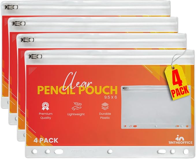 1InTheOffice Clear Pencil Pouch For 3 Ring Binder, Ring Binder Pockets with Zipper, Vinyl, 4 Pack