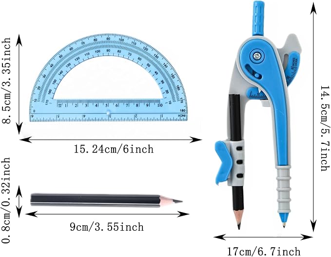 Vobou Compass for Geometry Set, 6 Inch Protractor, Clear Plastic (Blue) | 6 Inch Compass, Sharpener and Eraser, Easy Grip, Drafting Tool for Scool, Art, Drawing Precision Design for Math