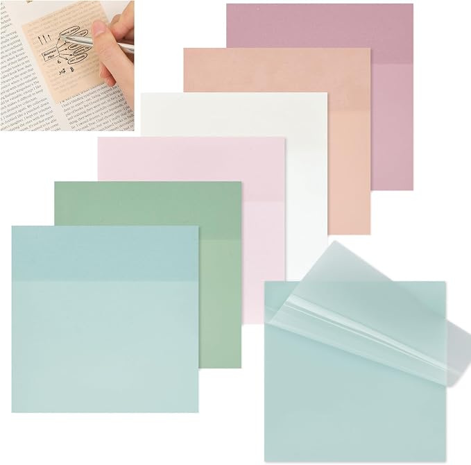Transparent Sticky Notes, 6 Pads 3x3 Inch, 6 Colors Pastel Clear Self-Adhesive Waterproof Translucent Sticky Notes, 300 Sheets, for Bible Tabs, Book Tabs, School Supplies, Office