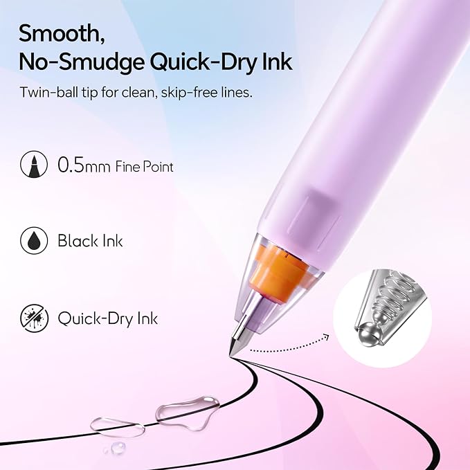 WRITECH Switch Gel Ink Pens: 0.5mm Black Ink Pen Retractable Silent and Clicky Soft Grip Fine Point Pen for Journaling Smooth Writing Quick-dry No Bleed 5ct