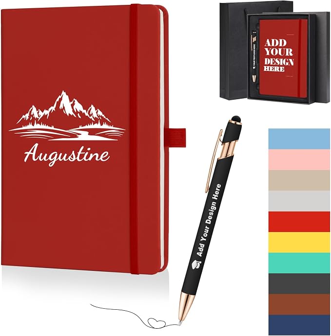 ENOMY Personalized A5 Notebook Gift Set with Custom Pen PU Leather Journal Box, Red