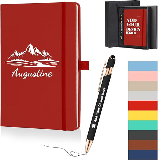 ENOMY Personalized A5 Notebook Gift Set with Custom Pen PU Leather Journal Box, Red