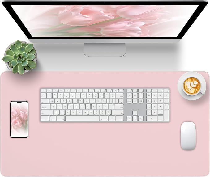 Pink Leather Desk Mat Large Mouse Pad, Waterproof Desk Pad for Keyboard and Mouse, Non-Slip Computer Desk Protector, Smooth Mouse Movement Desk Mat for Home and Office(35.4"×17")
