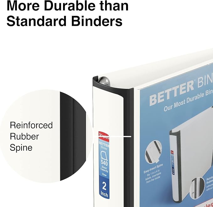 Staples Better Binder 2 Inch 3-Ring Binder, White, Wide Spine View Binder with Locking Rings, Durable Office Binder, 2 Pack