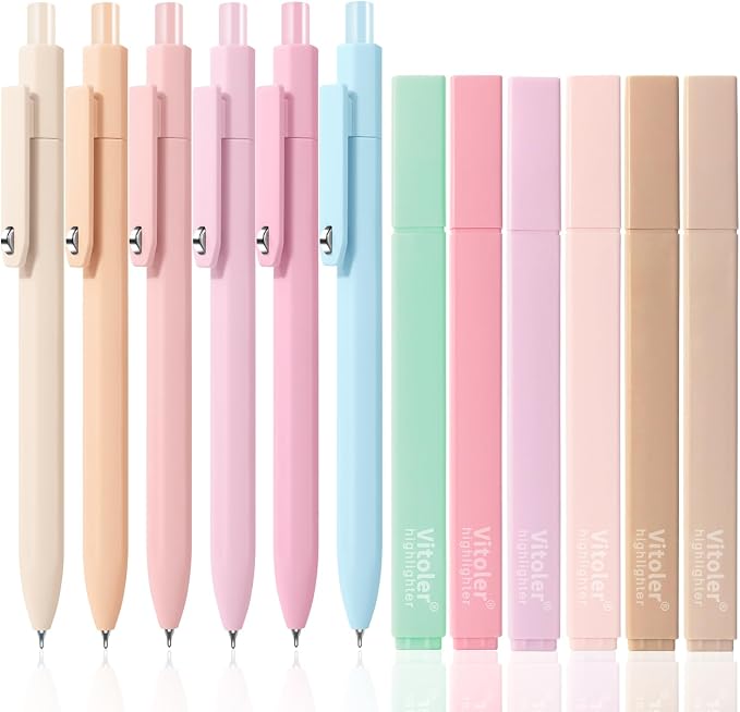 Piochoo Highlighters and Pens Set, 6pcs Cute Pastel Highlighters,6pcs 0.5mm Black Ink Gel Pens Quick Drying for Bible Studying Journaling Office School Supplies
