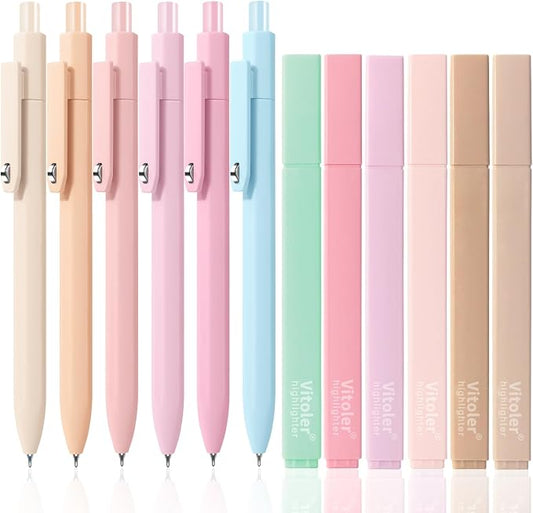 Piochoo Highlighters and Pens Set, 6pcs Cute Pastel Highlighters,6pcs 0.5mm Black Ink Gel Pens Quick Drying for Bible Studying Journaling Office School Supplies