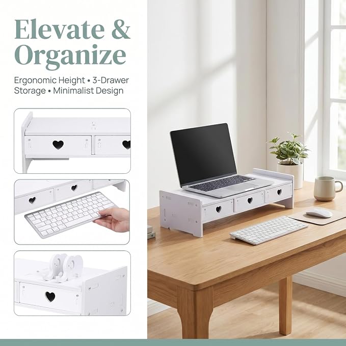 Tofficu Computer Monitor Riser with Drawer White Desk Shelf for Monitor and Keyboard Storage Rack Office Desk Organizer for Laptop Stand Riser for Home Office