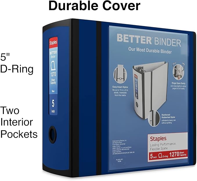 Staples Better Binder, 5" Extra‑Capacity Heavy‑Duty D‑Ring Binder, Navy Blue, Reinforced Spine, Holds 1,050 Sheets, High‑Capacity Office & Records Organizer, 2‑Pack