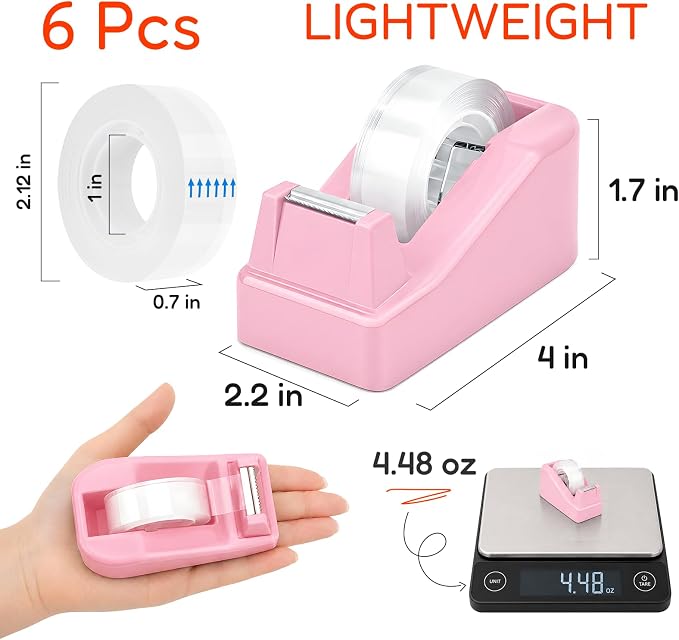 Lightweight Desktop Tape Dispenser, Tape Holder with 6 Rolls Transparent Tape, Stable Non-Skid Base for Office, Home & School, 1-Inch Core (0.71 in x 1000 in Each)