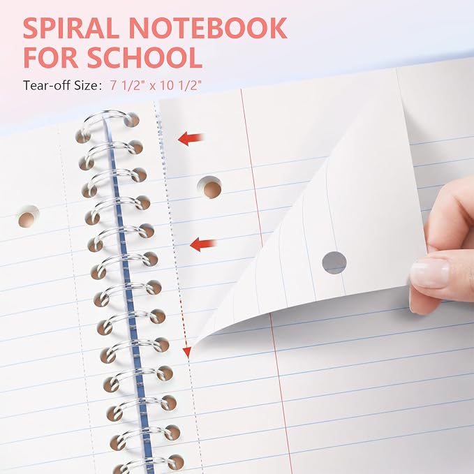 4 Pack Spiral Notebooks, 1 Subject College Ruled, 10.5 x 8 in, 70 Sheets Each, 3-Hole Punched Perforated Pages, Plastic Covers with Pockets, Silver Coil, Assorted Colors