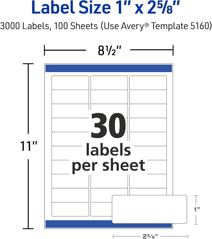 Avery Easy Peel Printable Address Labels with Sure Feed, 1" x 2-5/8" Customizable Stickers, White, 3,000 Blank Mailing Labels, Great for Mailing, Shipping, and More (5160)