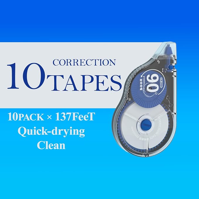CHANGLi Extra-long Precision White Correction Tape 10-PACK–Instant Coverage, 90° Rotating Tip – 5mm / 0.2” Wide, 42Metre / 137FT Long