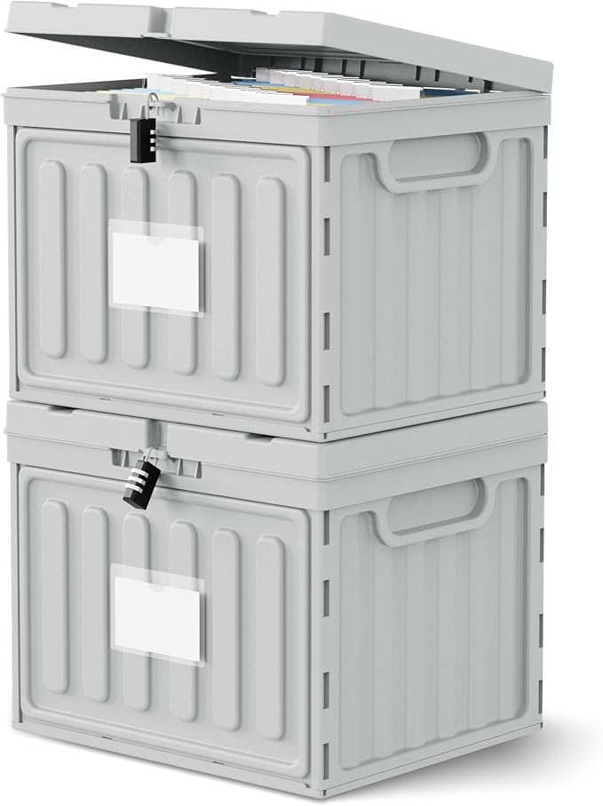 Oterri Lockable Plastic File Box with Lid for Letter-Size | Hanging File Folders Not Included. Grey, Large 2-Pack. Home, Office, Classroom, Dorm, Tax, Under Bed, Filing Cabinet.