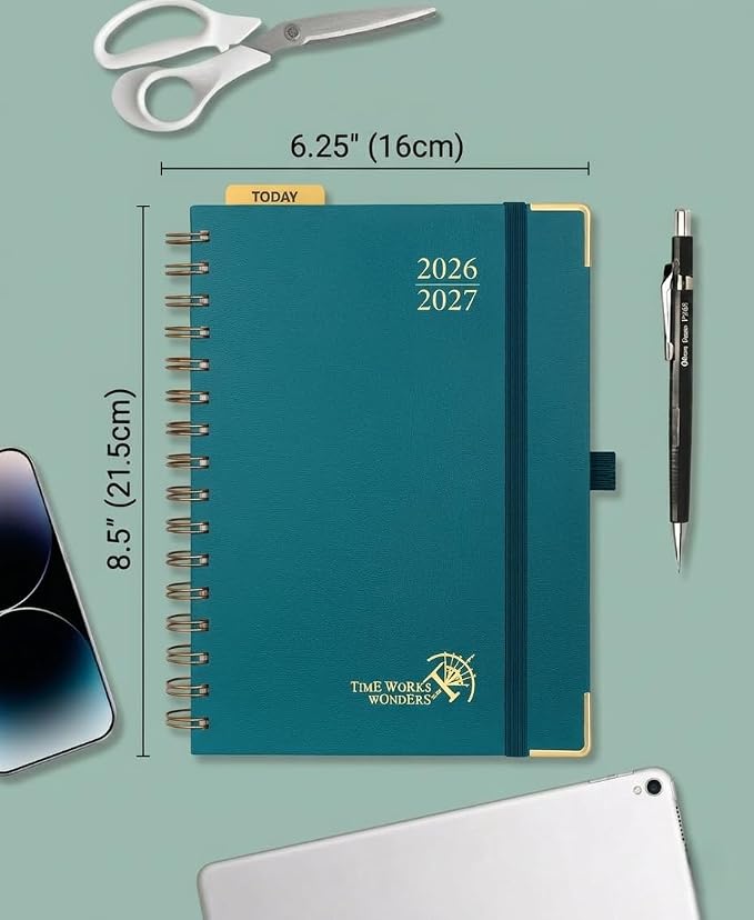 POPRUN 2026-2027 Weekly Planner 6.25" x 8.5" Weekly and Monthly Planner | Jul 2026 - Jun 2027 Daily Agenda Book with Hourly Schedule, Tabs, Hardcover, School and Office Supplies- Pacific Green