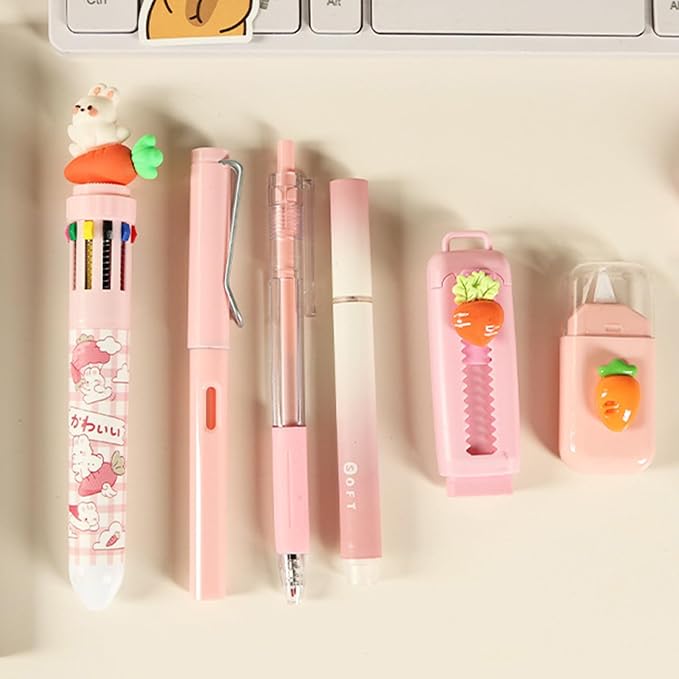 MOZXIRZ 6 Pcs Cute Rabbit Carrot Stationery Set for Women Back to School Supplies Office Supplies Including Gel Ink Pens Ballpoint Pens Pencil Eraser (Carrot)
