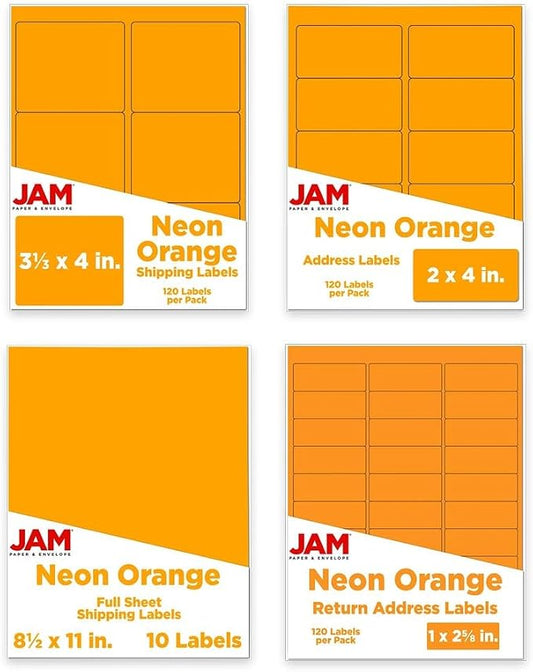 JAM PAPER Shipping & Mailing Address Labels - Multi Size Assortment - Neon Orange - 370/Pack