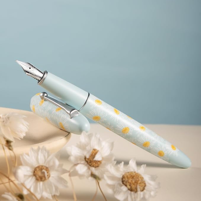 HONG DIAN C3 Fountain Pen, Iridium Fine Soft Nib Chinese Knot Carving, Light Blue & Little Daisy Painting Design with Metal Box Set