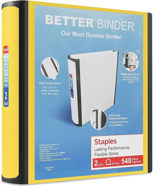 Staples Better Binder 2-Inch 3-Ring Binder, Yellow – Heavy-Duty Binder for School & Office Organization