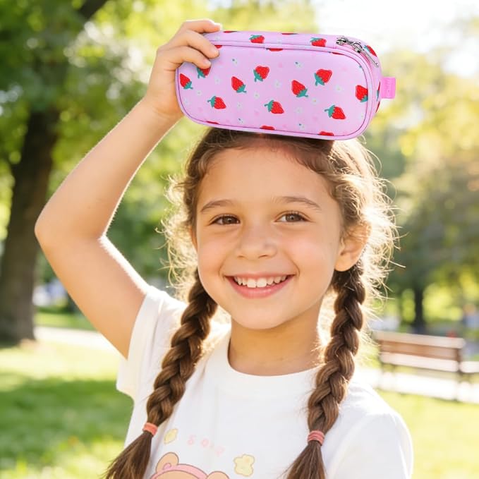 RHCPFOVR Kids Pencil Case for Girls-Soft Zipper Large Capacity Pencil Pouch for Girls Pencil Case for School Pencil Bag for Toddler (Pink Strawberry)