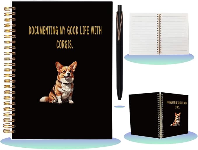 Funny Corgi Gifts for Dog Lovers - Cute Corgi Mom Dad Spiral Notebook & Pen Set, Dog Themed A5 Journal for Work School, Pet Lover Appreciation Gift, 80 Sheets College Ruled, Black & Gold