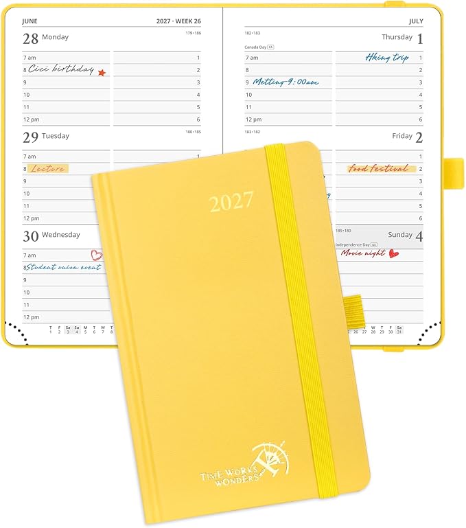 POPRUN Pocket Calendar 2027, 4" x 6.25" Pocket Calendar for Purse, Jan 2027 - Dec 2027 Small Planner, Weekly Appointment Book with Hourly Time Slots, Hardcover, 100 GSM - Light Yellow