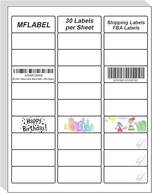 MFLABEL Address Labels 1x2.625 Inch - 30 Per Sheet White Matte Mailing Labels for Laser & Inkjet Printers (750 Labels, 25 Sheets) - Strong Adhesive Shipping Stickers