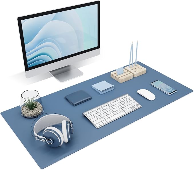 K KNODEL Large Desk Protector Mat, Leather Desk Pad (35.4"x17", Blue) | Non-Slip Desk Mat, Desk Pads and Blotters, Desktop Mat, Desk Protector and Cover, Office Computer, Laptop and Keyboard Mat