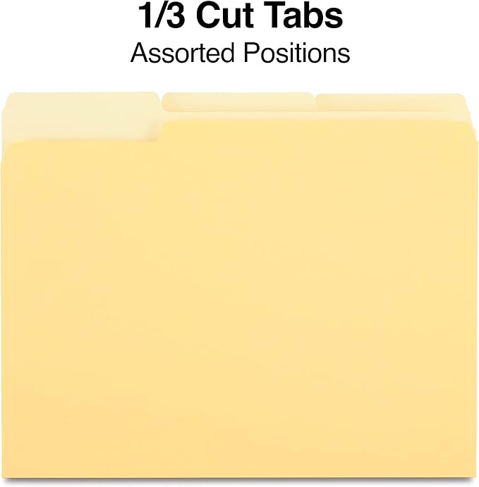 Staples File Folders, Letter Size, 1/3‑Cut Tabs, Yellow, Durable Paper Stock, 200/Carton