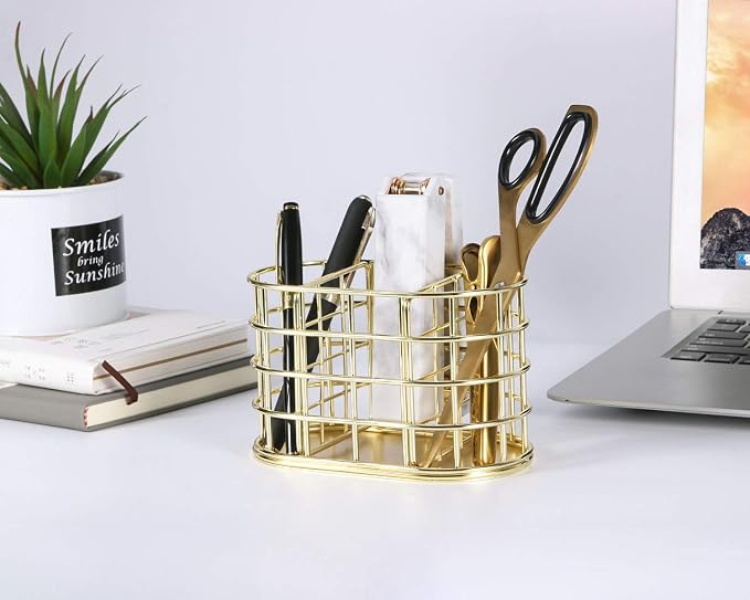 Pen Holder, 3 Compartment Metal Pencil Holder Stationery Organizer, Decorative Desktop Storage Holder for Office Supplies, Gold