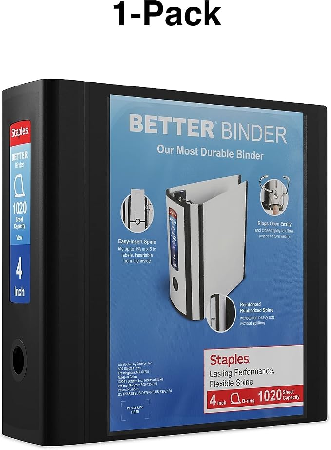 Staples Better Binder, 4" D‑Ring 3‑Ring View Binder, Black, Reinforced Spine, Durable High‑Capacity Binder for School & Office Organization