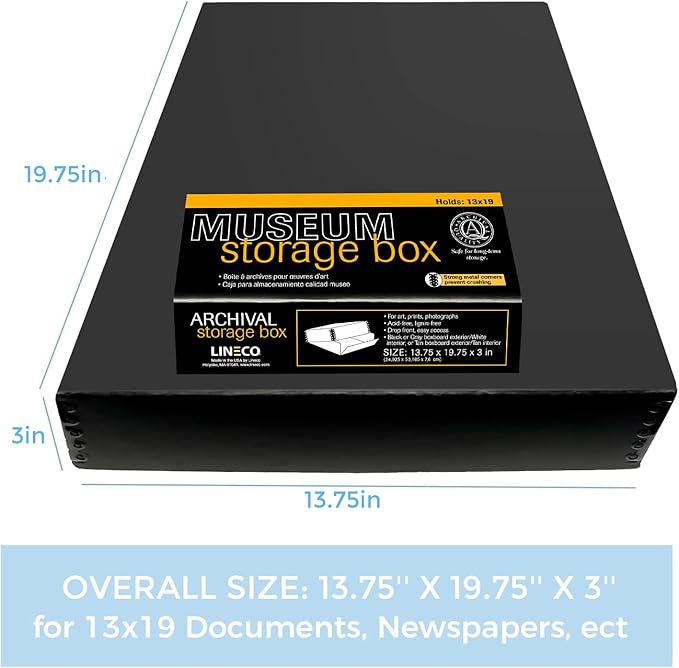 Lineco Museum Archival Storage Box, Drop Front, 13.75x19.75x3 in, Black | Acid-Free with Metal Edge, Preserves Picture Longevity, Organize Photos, Newspapers, Prints, Documents, Crafts, DIY