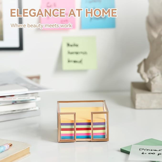 Rose Gold Glass Sticky Note Holder for Desk, Elegant Sticky Note Dispenser Organizer for 3x3 Inch Pads, Cute Clear Notepad Note Holder with Non-Slip Pads, Modern Luxury Office Decor Gift for Women