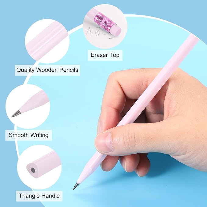 PATIKIL Round Pencils, 12 Pcs Triangle HB Graphite Pencil Wooden Pencils with Eraser for Classroom Office Writing Drawing Supplies, Purple