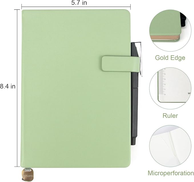 Hardcover Leather Journal Notebook A5 Lined 212 Pages 5x8.25 Inches Gold Edged Pages with Strap Closure Travel Work School Writing Journaling Notebooks for Women Men Gift Box Packaging Grass Green