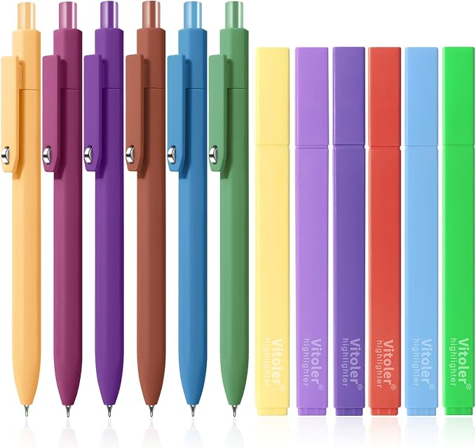 Piochoo Highlighters and Pens Set,6 Pack Highlighters Assorted Colors and 6 Pack 0.5mm Gel Pens Black Ink Smooth Writing for Women Nurse Men School Supplies