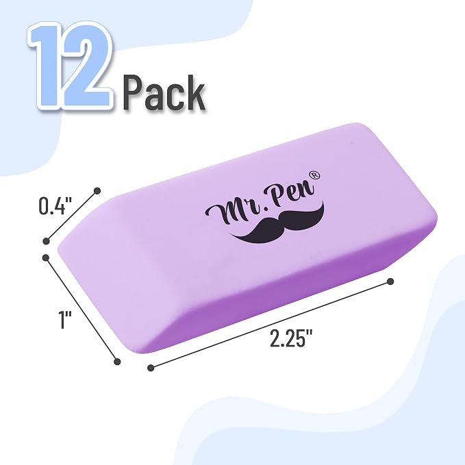 Mr. Pen- Pencil Eraser, 12 Pack, Purple | Large Latex Free Block Erasers for School, Office, Art Sketching, Homework, Exams, Clean Smudge-Free Correction