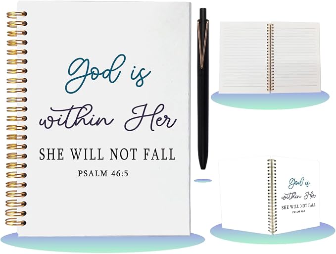 Christian Gifts for Women - Psalm 46:5 God is Within Her Spiral Notebook and Pen Set, A5 Prayer Journal for Bible Study, Religious Verse Scripture Notebook, 80 Sheets College Ruled