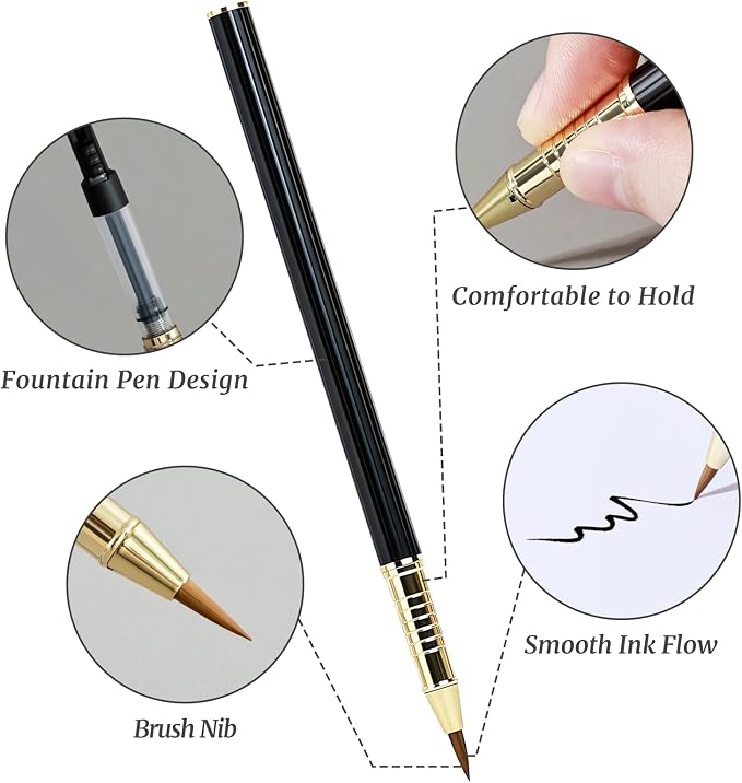 M&G Calligraphy Pen Set, 1 Pcs Fountain Pen with 6 Pcs Refillable Black Ink Cartridges, Soft Brush Tip, Portable Calligraphy Brush Pens for Beginner Hand Lettering Writing Drawing Supplies (Black)