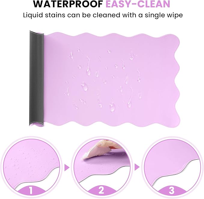 PU Leather Desk Pad, Scalloped Non-Slip Mouse Pad & Large Desk Mat Cover Stitched Edges Writing Pad for Office, Home - Waterproof, Easy to Clean, Durable Surface I 31.4"x15.7", Bonbon Pink