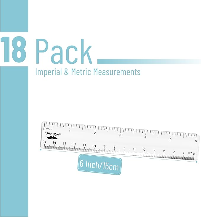 Mr. Pen- Bulk Plastic Rulers, 6 Inch, 18 Pack, Easy-to-Read Markings | Scratch-Resistant Design, Durable Clear Ruler for Crafting Office & School, School Supplies, Bulk Rulers Set, Measuring Tools