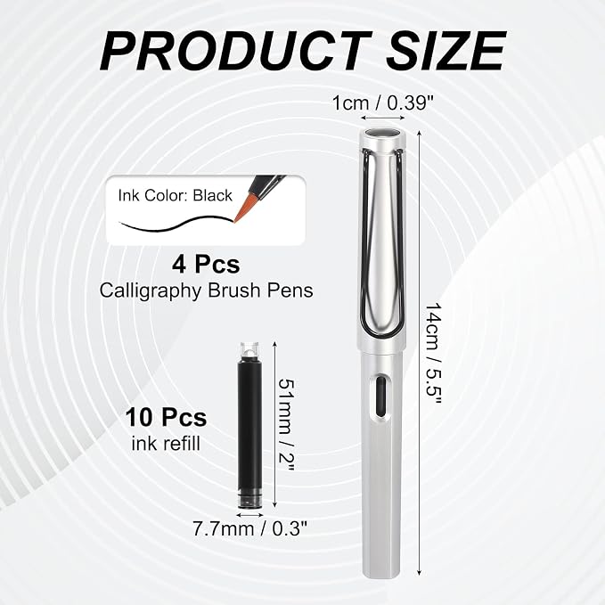 PATIKIL 4Pcs Calligraphy Brush Pens, Fountain Ink Brush Pen Refillable with 10Pcs Ink Refill for Writing Lettering Drawing Chinese Japanese Signature, Silver