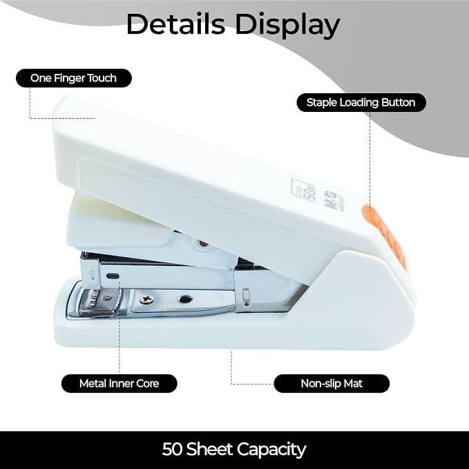 M&G Effortless Stapler 50 Sheet Capacity One-Touch Stapling, Heavy Duty Desktop Stapler Includes 1000 Staples and Remover, Portable Handheld Staplers for Home & Office (White)