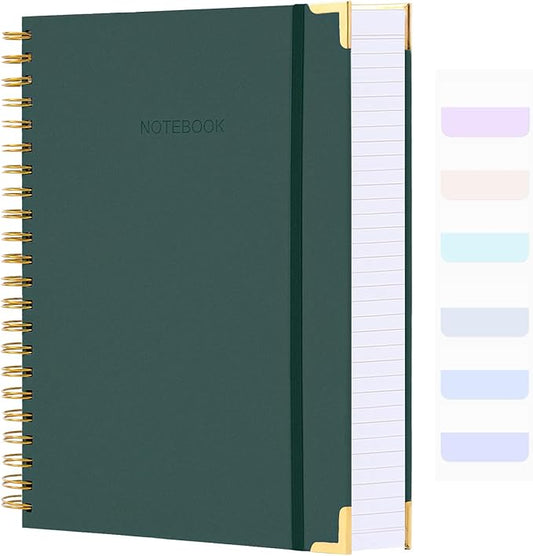 Spiral Notebook, College Ruled Notebook, 8.5" x 11", 300 Pages Hardcover Leather Notebook Journal for Women Men, A4 Large Lined Journal Notebooks for Work School, 24pcs Index Tabs, Green