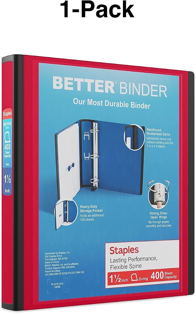 Staples Better Binder, 1.5" D‑Ring Heavy‑Duty Binder, Red, Strong Reinforced Spine, 400‑Sheet Capacity, Ideal for Classes, Office Files & Projects, 3‑Pack