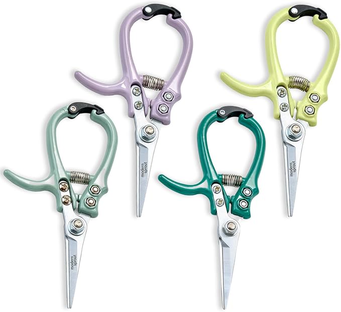Modern Sprout Pruning Shears - Garden Snips - Herb Scissors - Multi 4-Pack | Lightweight Gardening Tool - Durable Carbon Steel Blade W/Easy-Lock - Gardening Supplies - Flower Cutter - Reusable Holster