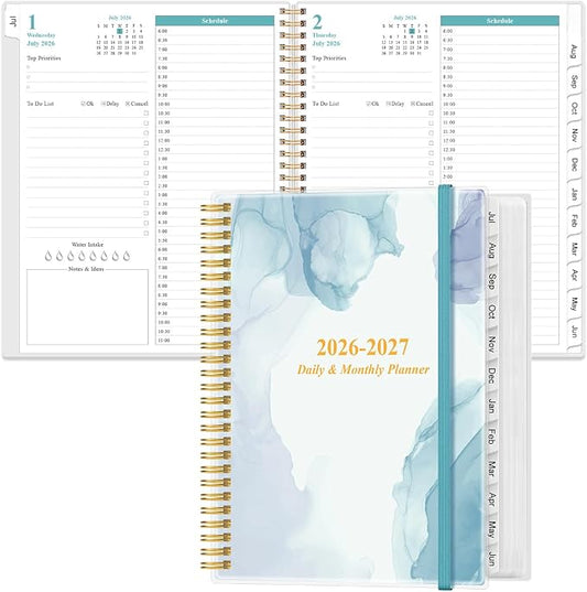 2026-2027 Daily & Monthly Planner - One Page Per Day, Daily Planner from July 2026 - June 2027, Planner 2026-2027 with 12 Monthly Tabs, 8.5" x 11", Blue Watercolor
