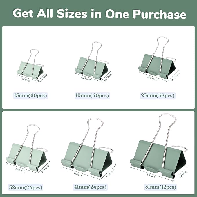 Temiary Metal Binder Clips, Assorted Sizes Extra Large, Large, Medium, Small, Mini, Micro Binder Paperwork Clip, Morandi Colored Paper Clamps Bulk for Office, Home, School (Green 208P)
