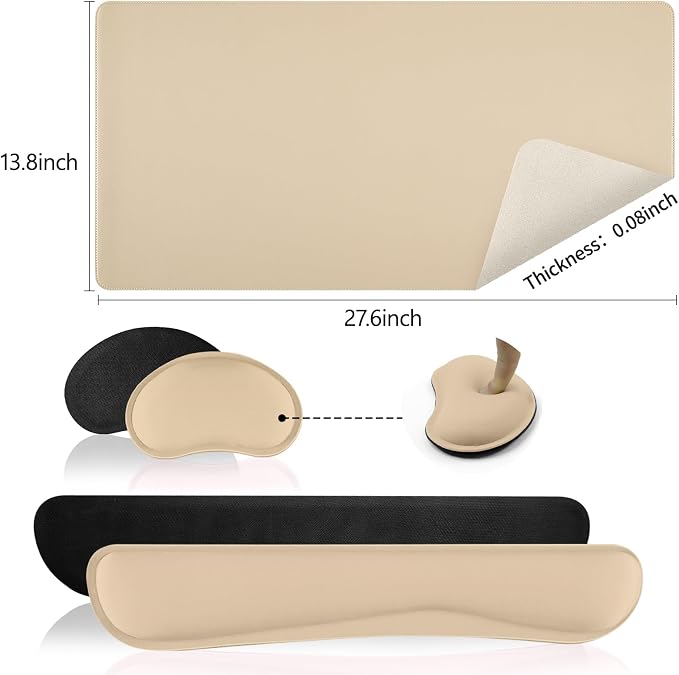 Beige Leather Desk Pad and Keyboard Wrist Rest, 3in1 Mouse Pad + Keyboard Wrist Rest + Mouse Wrist Rest, Non-Slip Waterproof Desk Writing Pad for Office and Home (27.6"×13.8")