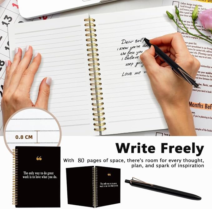 Quote Notebook with Pen Set Steve Jobs "Great Work", A5 Spiral New Job Gifts for Women Men, 160 Pages College Ruled Office Stationery, Coworker Leaving Onboarding Present, Black & Gold